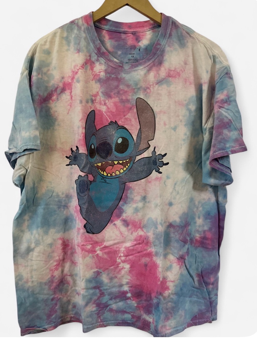 Disney Stitch Tie-Dye Graphic T-Shirt Adult 1X Pink Blue Sparkle Tee